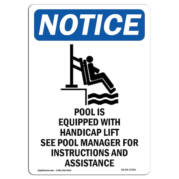 Safety Sign, OSHA Notice, 5" Height, Pool Is Equipped With Sign With Symbol, Portrait, 10PK